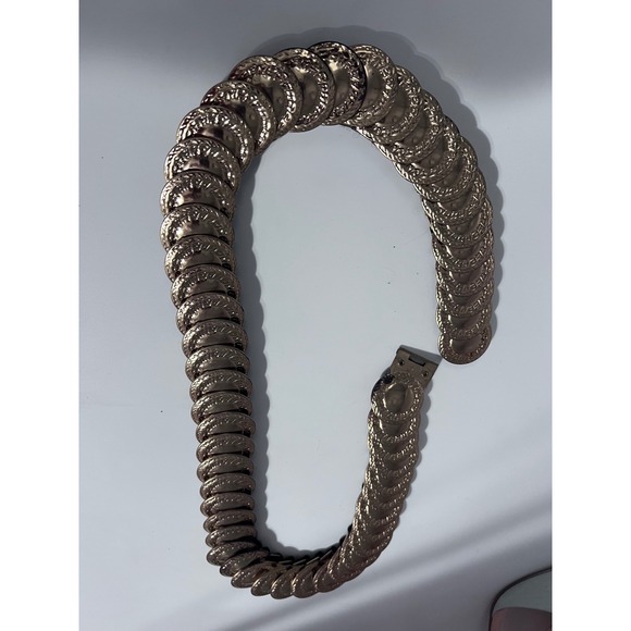 Accessories - Vintage Gold Tone Coin Chain Belt Textured Metallic Disc Statement Waist Belt